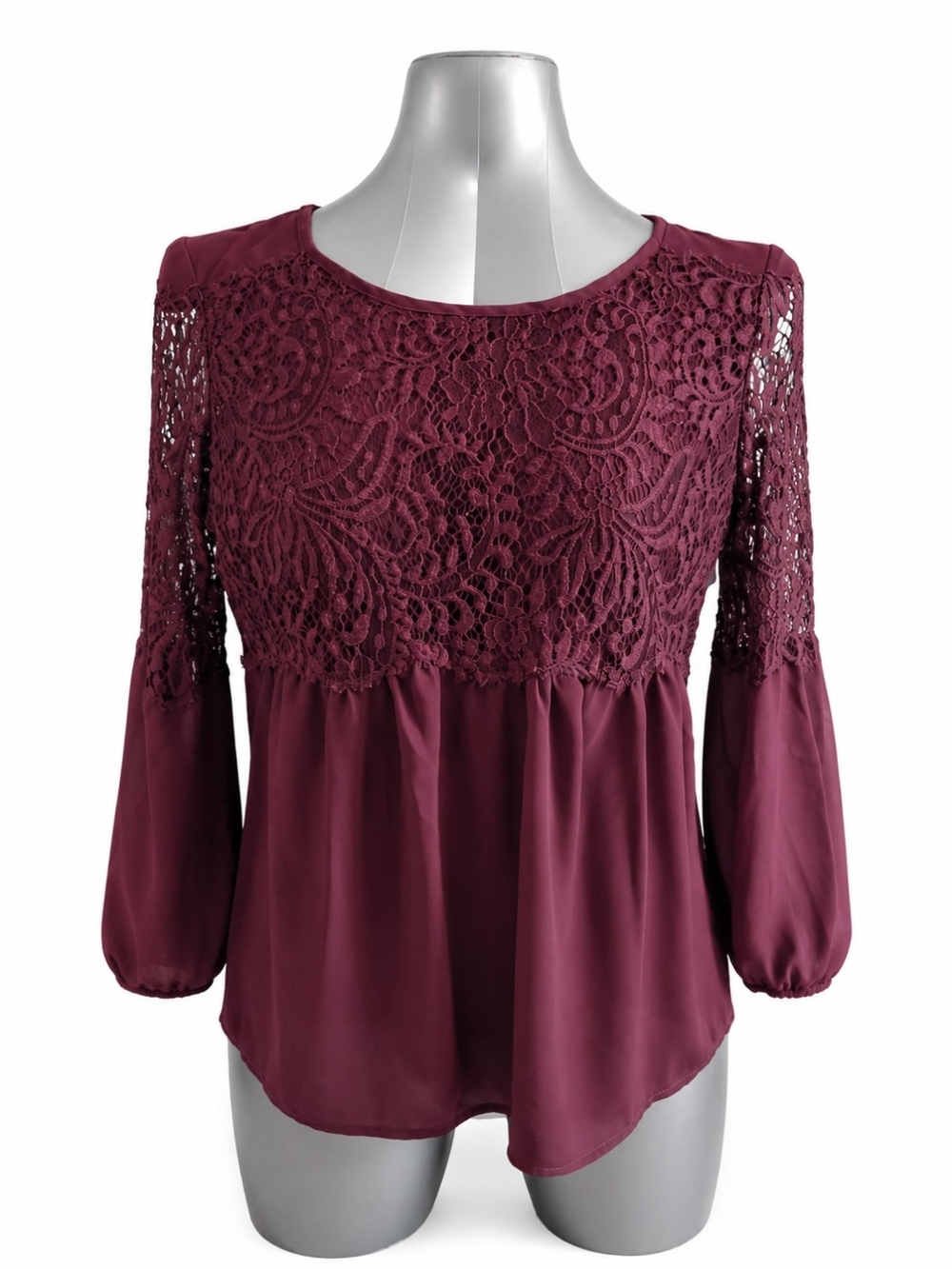 New York & Co Lace Yoke Chiffon Boho Blouse M Burgundy EUC